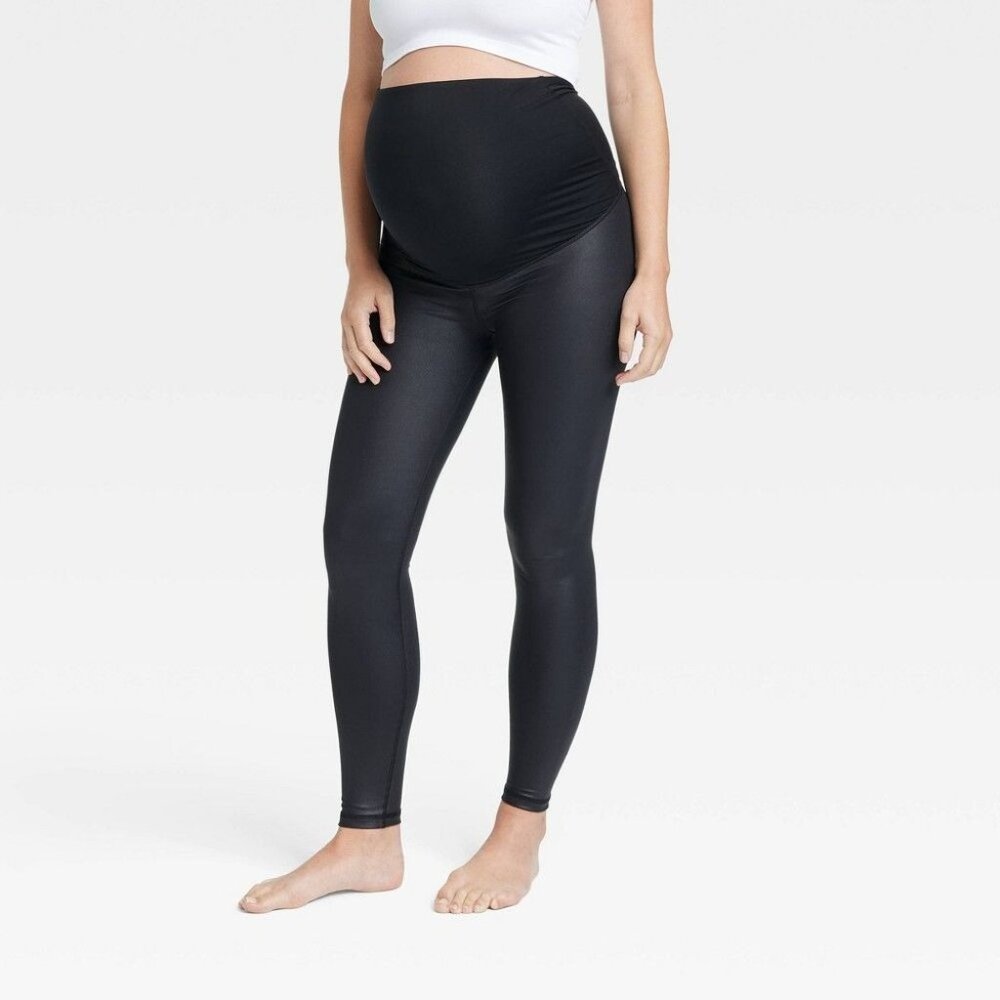 Ingrid & Isabel Maternity Crossover Panel Faux Leather Leggings XL Black NWT